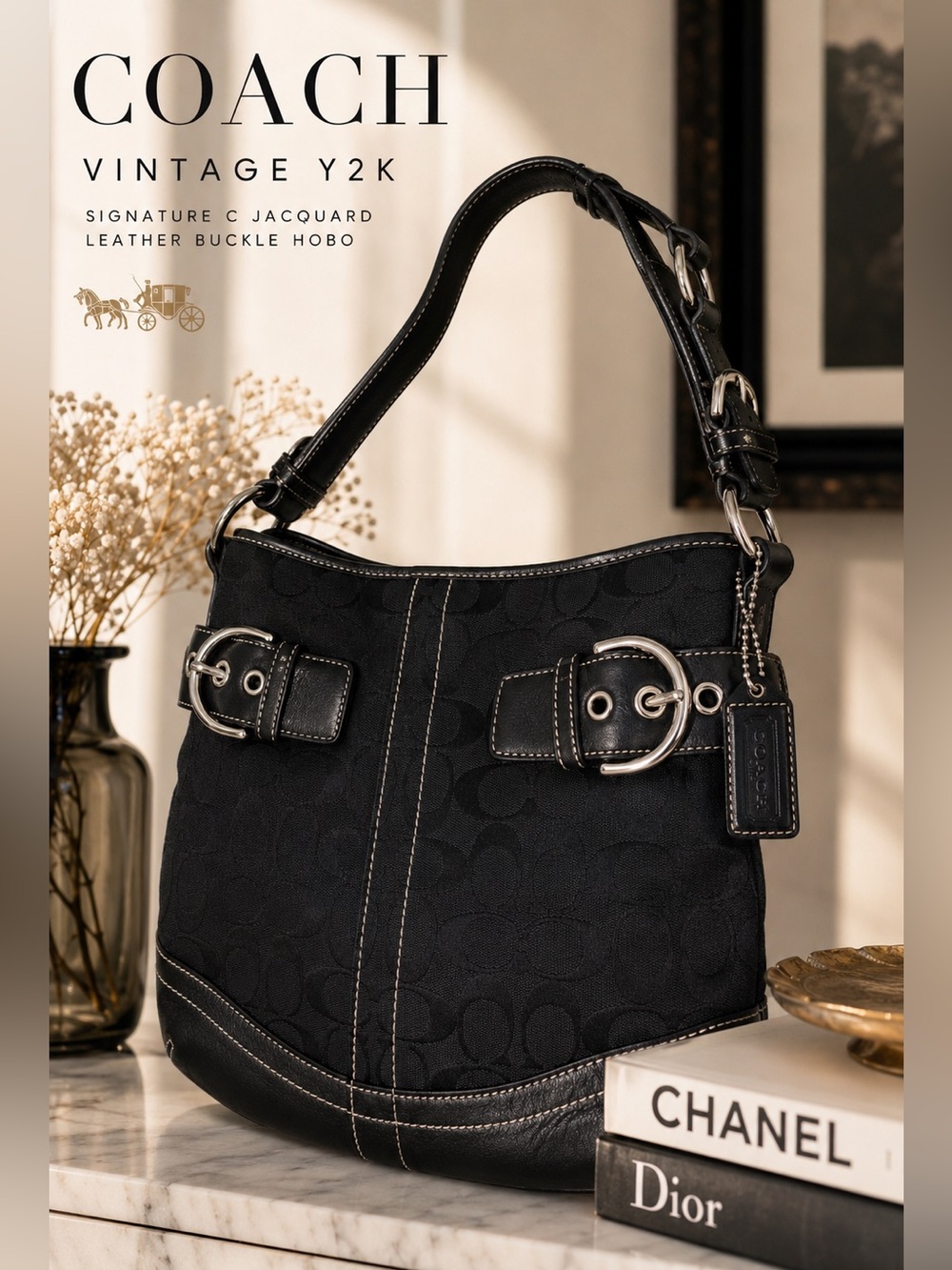 Coach Signature Buckle Hobo Bag Vintage Y2K Black Jacquard Leather Crossbody